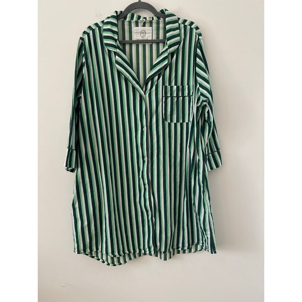 Printfresh Button Down Sleep Shirt Women's 1X Green Striped 3/4 Sleeve Pockets
